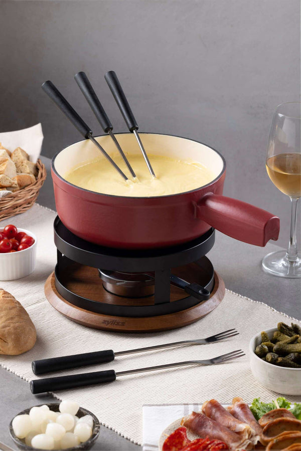Chalet Cheese Fondue Cast Iron Set, Red