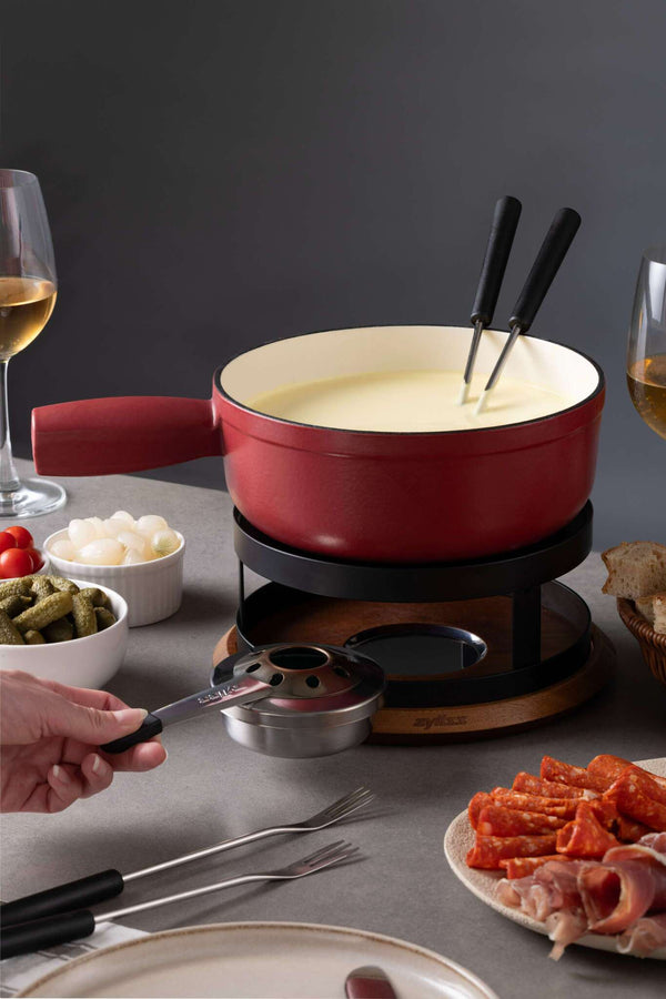 Chalet Cheese Fondue Cast Iron Set, Red