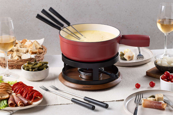 Chalet Cheese Fondue Cast Iron Set, Red