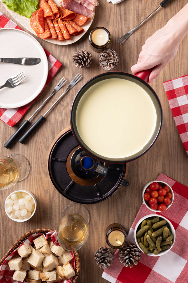 Chalet Ceramic Cheese Fondue Set, Red