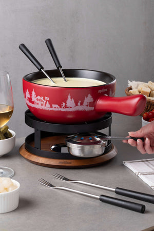 Chalet Ceramic Cheese Fondue Set, Red
