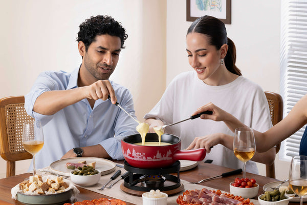 Chalet Ceramic Cheese Fondue Set, Red