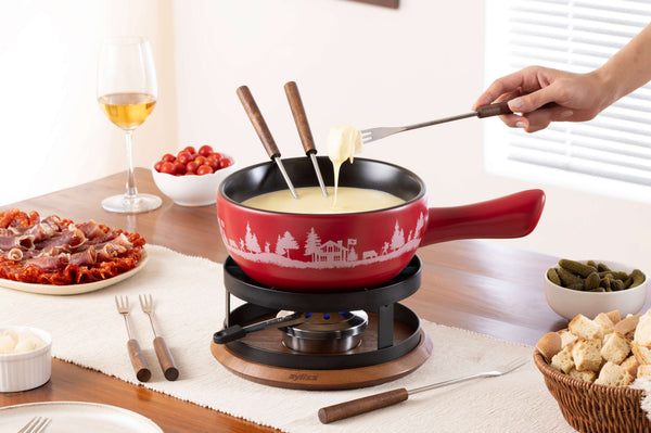 Chalet Ceramic Cheese Fondue Set, Red