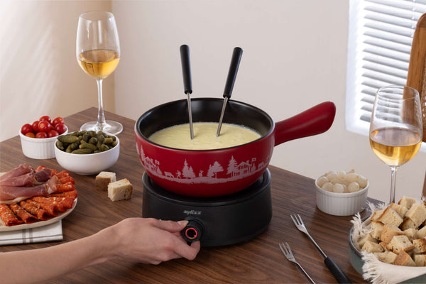 Chalet Ceramic Cheese Fondue Set, Red