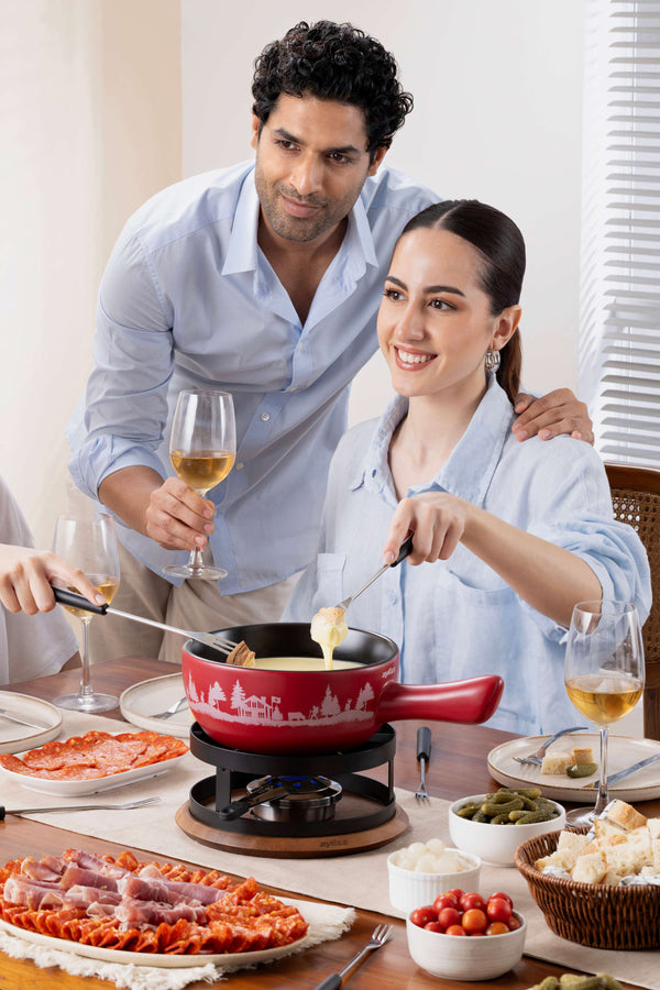 Chalet Ceramic Cheese Fondue Set, Red