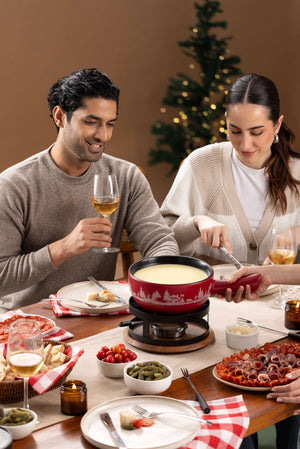 Chalet Ceramic Cheese Fondue Set, Red