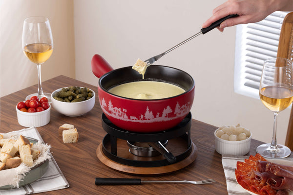 Chalet Ceramic Cheese Fondue Set, Red