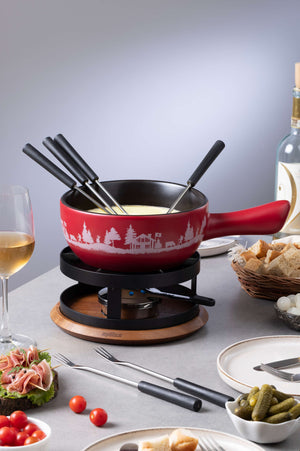 Chalet Ceramic Cheese Fondue Set, Red