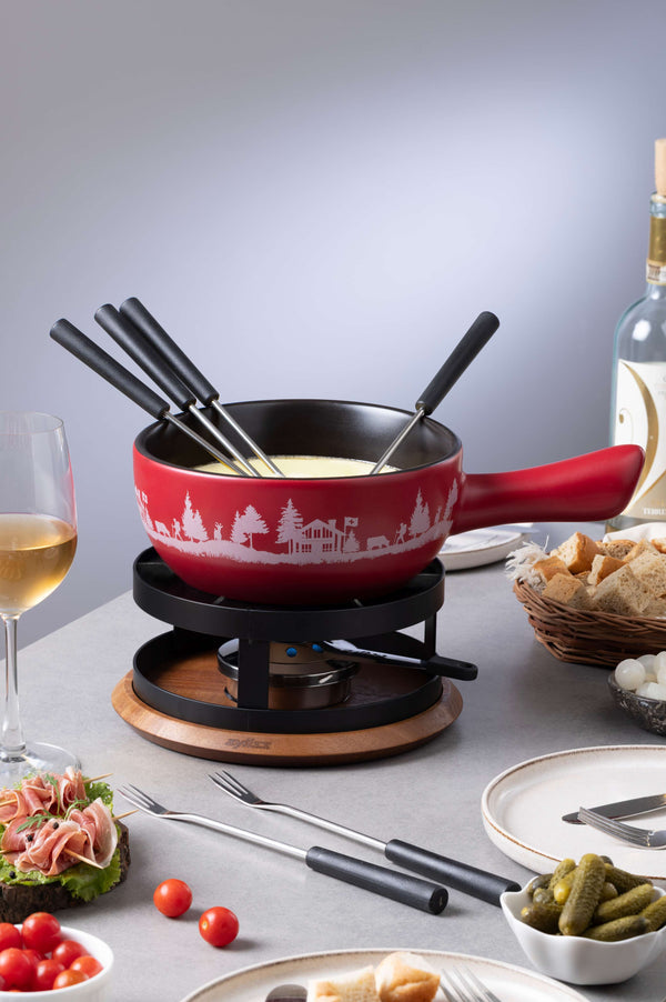 Chalet Ceramic Cheese Fondue Set, Red