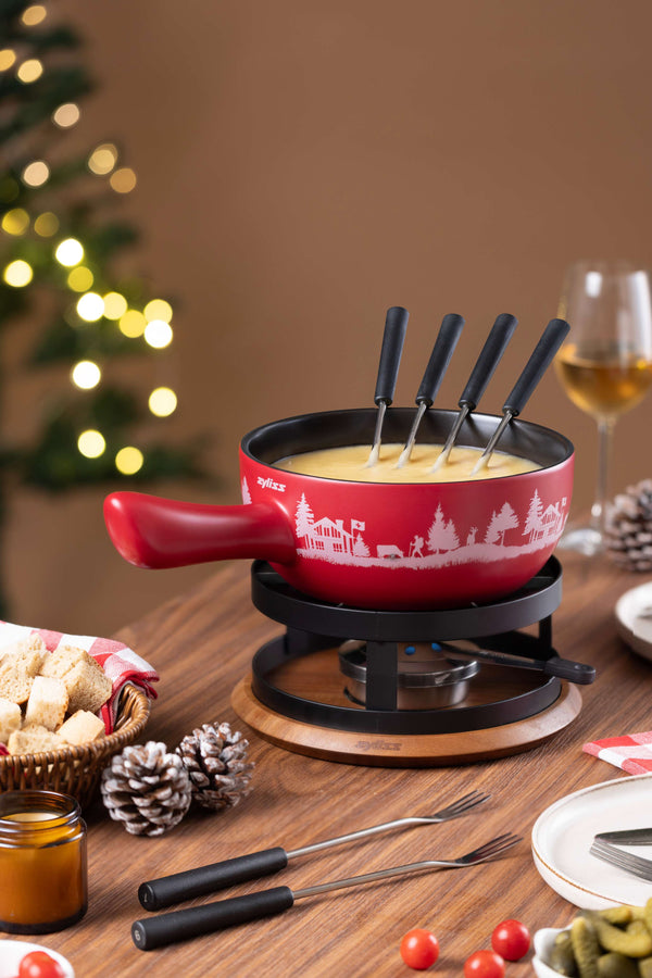 Chalet Ceramic Cheese Fondue Set, Red