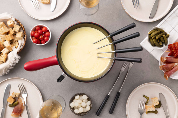 Chalet Ceramic Cheese Fondue Set, Red