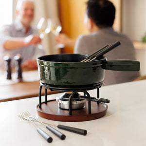 Ticino Green Cast Iron Cheese Fondue Set