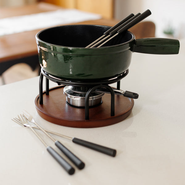 Ticino Green Cast Iron Cheese Fondue Set