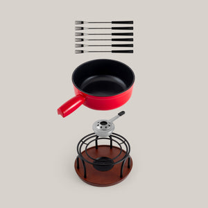 Ticino Red Cast Iron Cheese Fondue Set