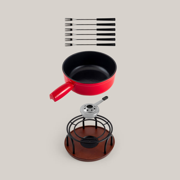 Ticino Red Cast Iron Cheese Fondue Set