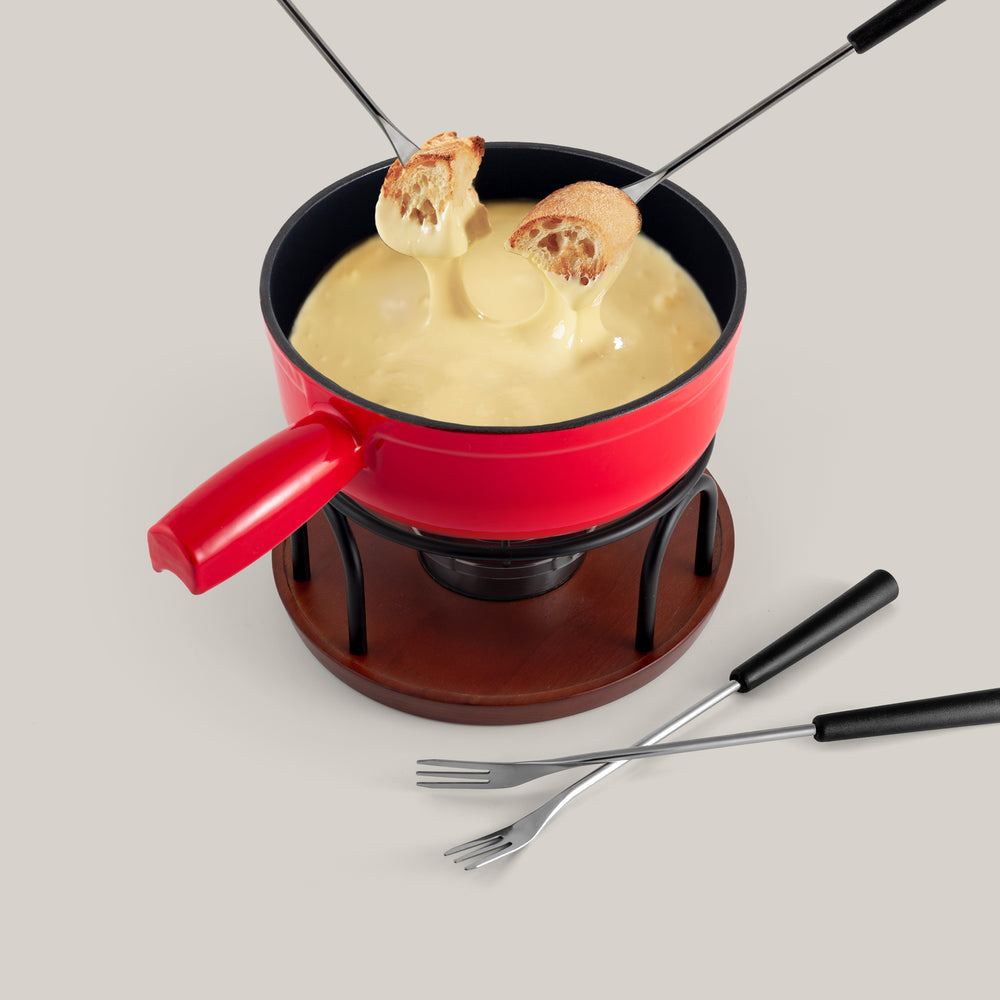 Ticino Red Cast Iron Cheese Fondue Set