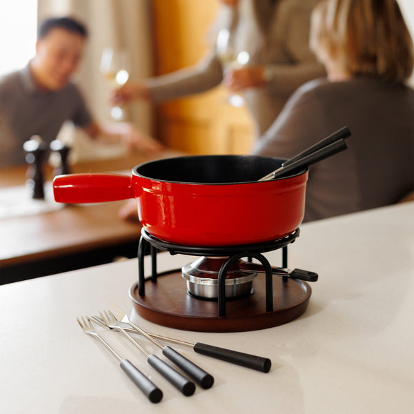 Ticino Red Cast Iron Cheese Fondue Set