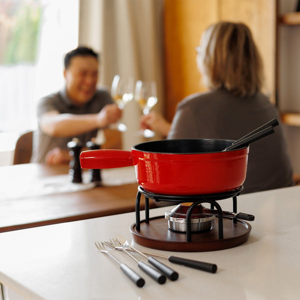 Ticino Red Cast Iron Cheese Fondue Set