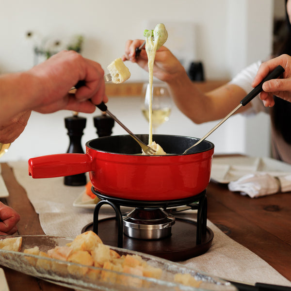 Ticino Red Cast Iron Cheese Fondue Set