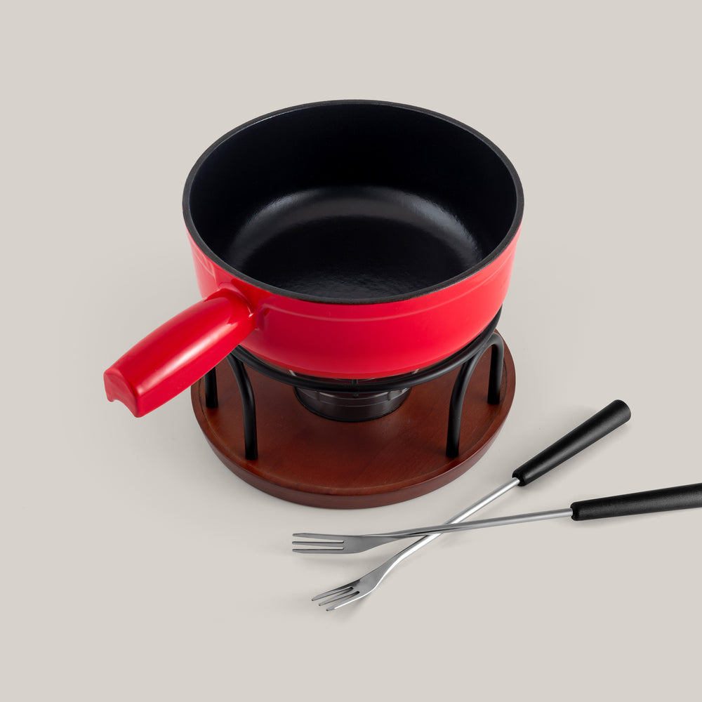 Ticino Red Cast Iron Cheese Fondue Set