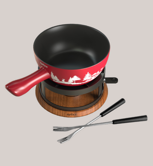 Chalet Ceramic Cheese Fondue Set, Red