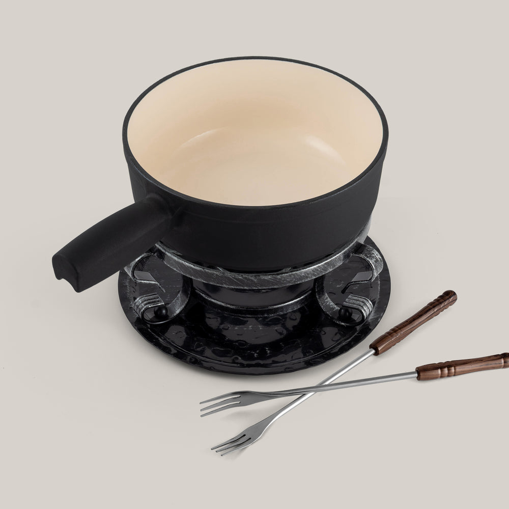 Lugano Matte Black Cast Iron Cheese Fondue Set