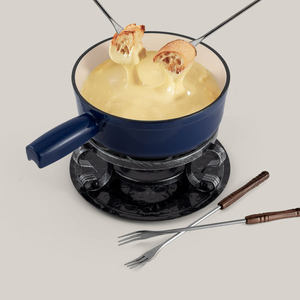 Service à fondue au fromage en fonte bleue de Lugano