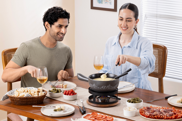 Chalet Ceramic Cheese Fondue Set, Beluga Grey