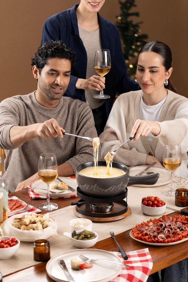 Chalet Ceramic Cheese Fondue Set, Beluga Grey