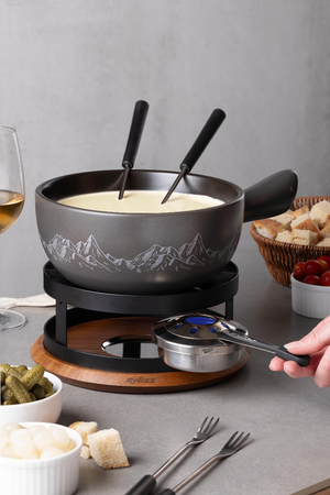 Chalet Ceramic Cheese Fondue Set, Beluga Grey