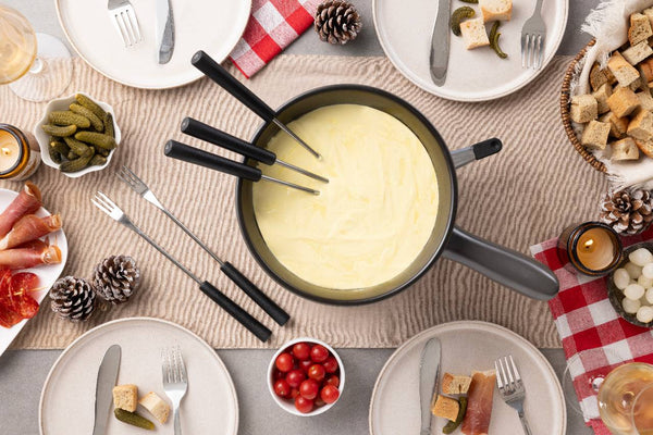 Chalet Ceramic Cheese Fondue Set, Beluga Grey