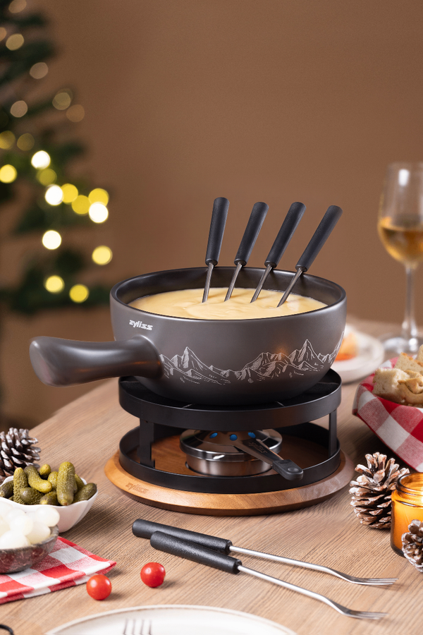 Chalet Ceramic Cheese Fondue Set, Beluga Grey